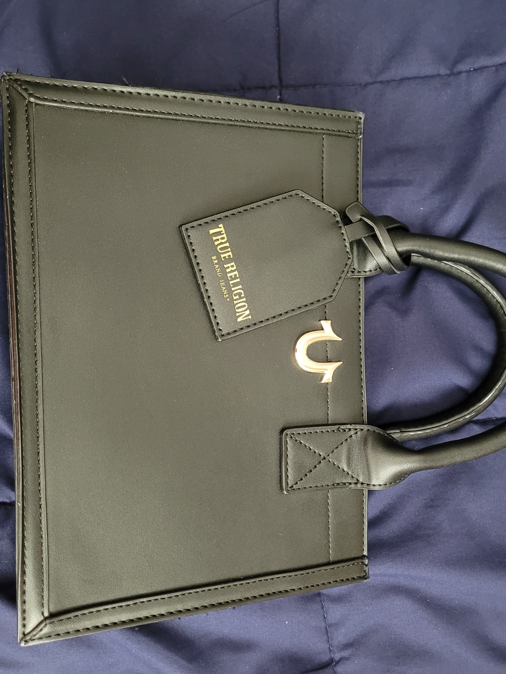 True Religion Black Leather Tote Bag with Gold Hardware